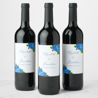 Blaue Hortensien-Blumenhochzeit Weinetikett