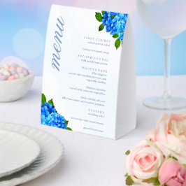 Blaue Hortensien-Blumenhochzeitsmenü Tischaufsteller