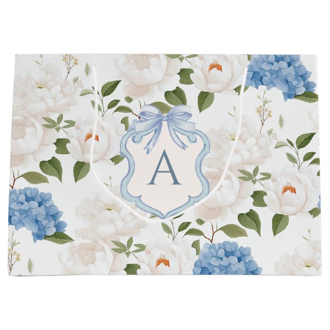 Blaue Hortensien Blumenmonogramm Große Geschenktüte (Vorderseite)