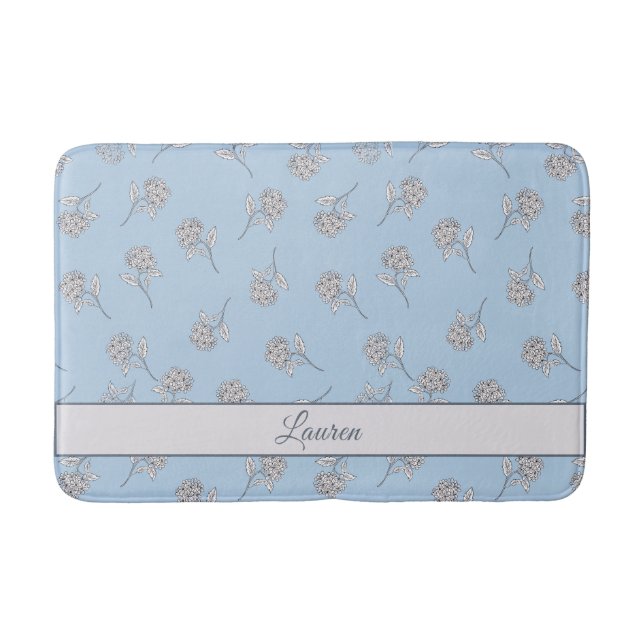 Blaue Hortensien-Blumenmuster-Monogramm-Bad Badematte (Vorderseite)