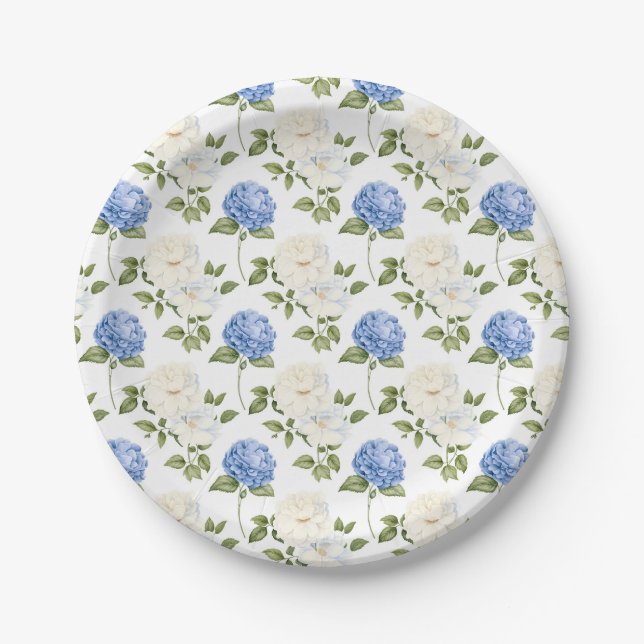 Blaue Hortensien-Blumenmuster Pappteller (Vorderseite)