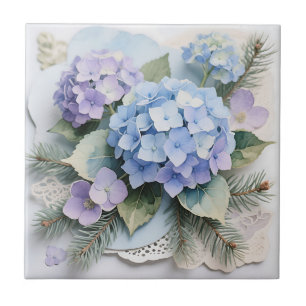 Blaue Hortensien-Blumenstrauß-Aquarell Serenität Fliese