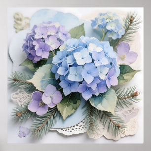 Blaue Hortensien-Blumenstrauß-Aquarell Serenität Poster