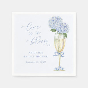 Blaue Hortensien Champagnerglas & Schleife Liebe i Serviette
