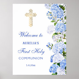 Blaue Hortensien Erstkommunion Willkommen Poster