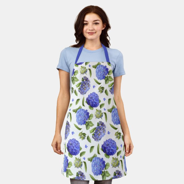 Blaue Hortensien Florale Botanik Schürze (Getragen)