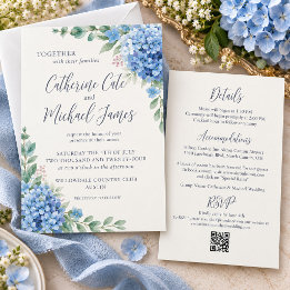 Blaue Hortensien Florale Budget-Hochzeit Einladung