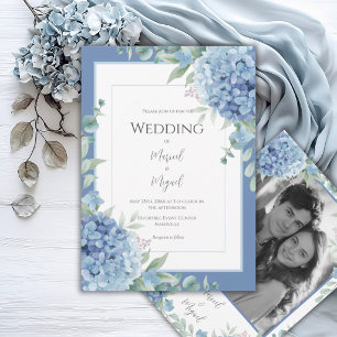 Blaue Hortensien Florales Foto Elegante Hochzeit Einladung