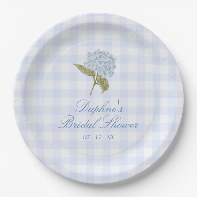 Blaue Hortensien-Gingham-Brautparty Pappteller (Vorderseite)