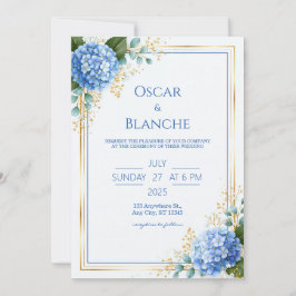 Blaue Hortensien-Goldfolien-Rand-Hochzeit Einladung