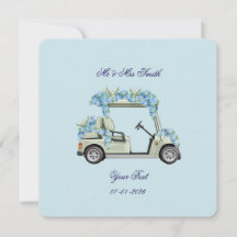 Blaue Hortensien-Golfwagen-Blumenhochzeits-Einladu