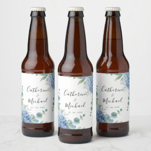 Blaue Hortensien Hochzeit Bierflaschenetikett
