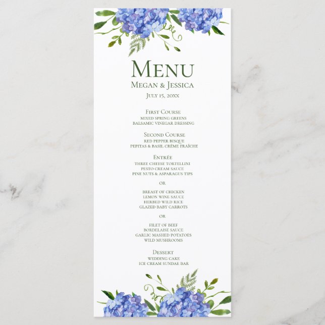 Blaue Hortensien Hochzeit Menükarte (Vorderseite)