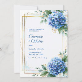 Blaue Hortensien-Hochzeit mit goldenem Rahmen Einladung
