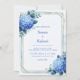 Blaue Hortensien-Hochzeit mit goldenem Rahmen Einladung