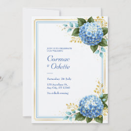 Blaue Hortensien-Hochzeit mit Goldfolie-Romantik Einladung