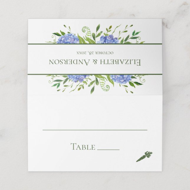 Blaue Hortensien Hochzeit Platzkarte (Außenseite Aufgefaltet)