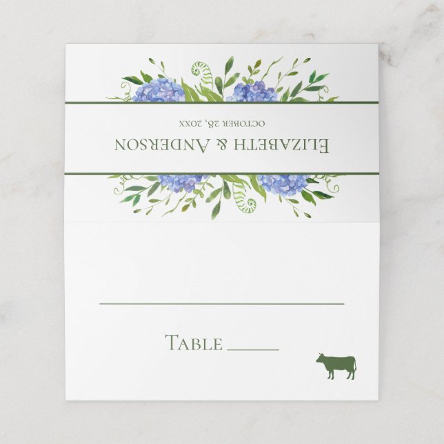 Blaue Hortensien Hochzeit Platzkarte (Außenseite Aufgefaltet)