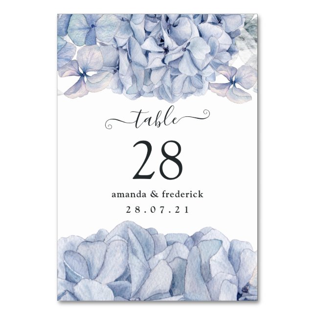 Blaue Hortensien Hochzeit Tischnummer (Vorderseite)