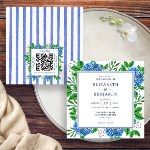Blaue Hortensien Hochzeits-Einladung mit QR-Code Einladung