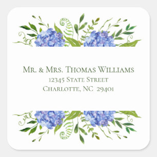 Blaue Hortensien Hochzeitsadresse Quadratischer Aufkleber