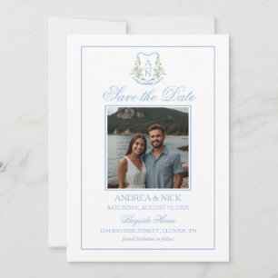 Blaue Hortensien-Kamm-Monogramm-QR-Code Save The Date