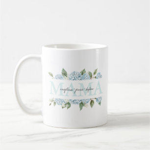 Blaue Hortensien-Kindernamen Mama im Wasserfarbene Kaffeetasse