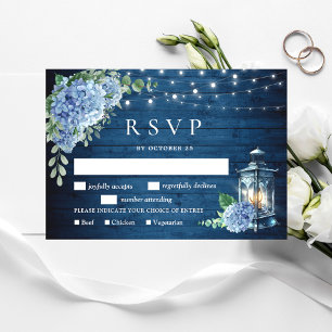 Blaue Hortensien-Laterne Holz Hochzeit Rustikal RSVP Karte