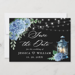 Blaue Hortensien-Laterne Schwarzer Hintergrund Hoc Save The Date