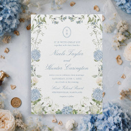Blaue Hortensien-Monogramm-Hochzeitswappen-Einladu Einladung