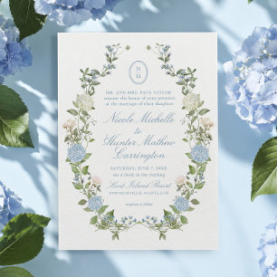 Blaue Hortensien-Monogramm-Wappen-Hochzeitseinladu Einladung