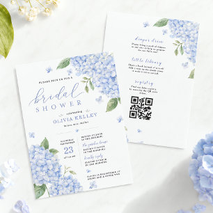 Blaue Hortensien-QR-Code-Aquarell-Blumen Einladung