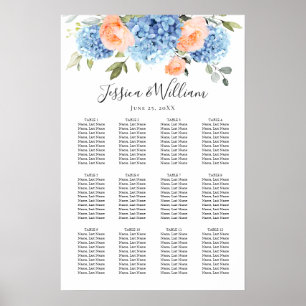 Blaue Hortensien-Rosa Rose 12-Tische SITZPLAN Poster