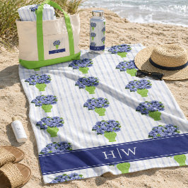 Blaue Hortensien-Streifen-Monogramm-Küstendesign Strandtuch