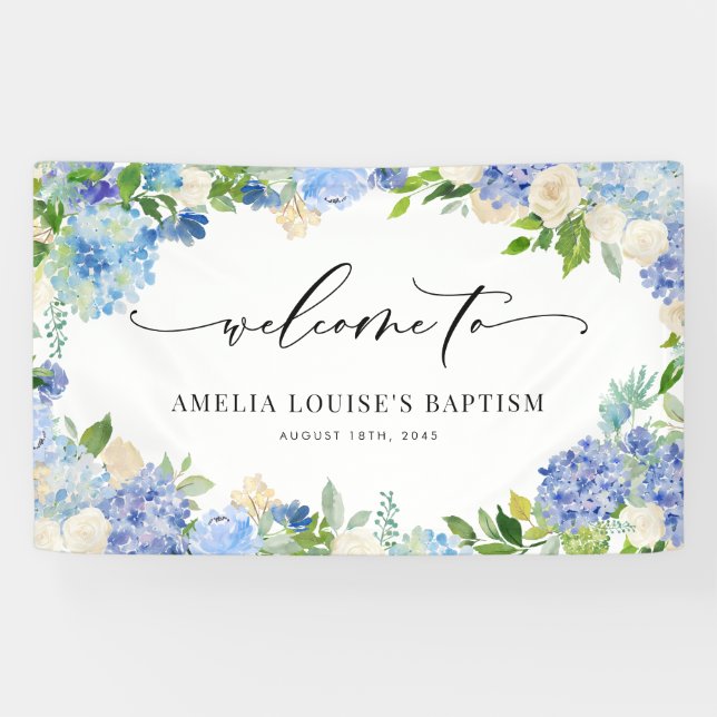 Blaue Hortensien und Elfenbeinrosen-Taufe im Wasse Banner (Horizontal)