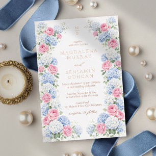 Blaue Hortensien und rosa Rosen Floralgarten Hochz Folieneinladung