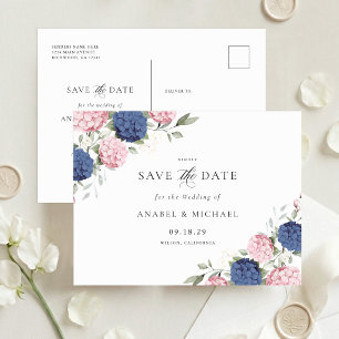 Blaue Hortensien und rosa Save-the-Date-Postkarte Ankündigungspostkarte