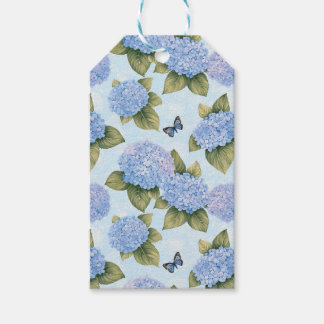 Blaue Hortensien- und Schmetterlingsgarten-Muster- Geschenkanhänger