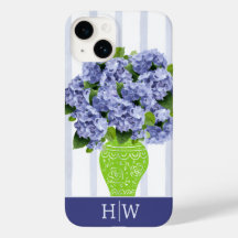Blaue Hortensien-Vase Streifen Monogramm Küste