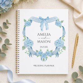 Blaue Hortensien-Wappen-Aquarell-Hochzeit Planer