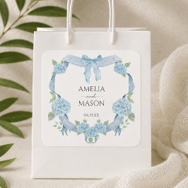 Blaue Hortensien-Wappen-Aquarell-Hochzeit Quadratischer Aufkleber