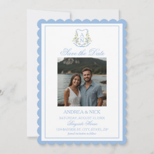 Blaue Hortensien-Wappen-Monogramm-Hochzeits-Einlad Save The Date