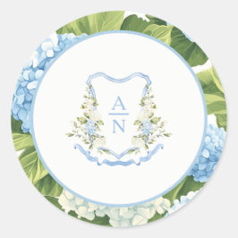 Blaue Hortensien-Wappen-Monogramm-Hochzeitsaufkleb Runder Aufkleber