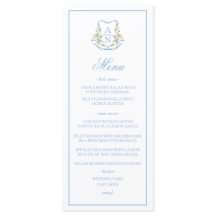 Blaue Hortensien-Wappen-Monogramm-Hochzeitsmenü