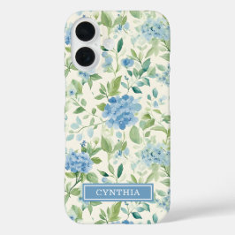 Blaue Hortensien-Wasserfarbe Monogramm iPhone 16 Hülle
