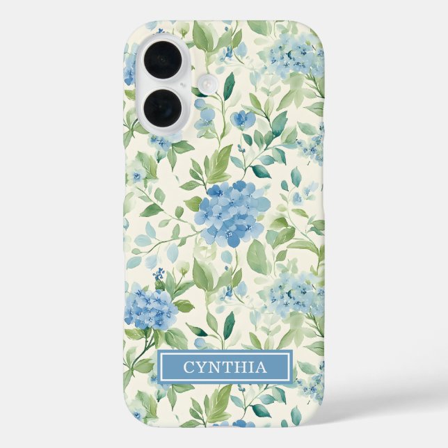 Blaue Hortensien-Wasserfarbe Monogramm iPhone 16 Hülle (Rückseite)