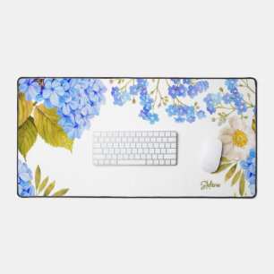 Blaue Hortensien Wasserfarben Floral Personalisier Schreibtischunterlage