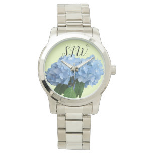 Blaue Hortensienblumen Monogramm Damen Armbanduhr