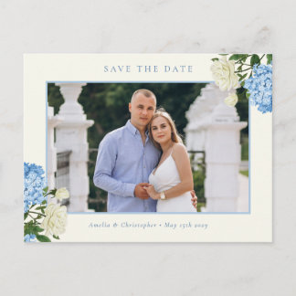 Blaue Hortensienblumen und Rosengarten - Heiratsan Postkarte