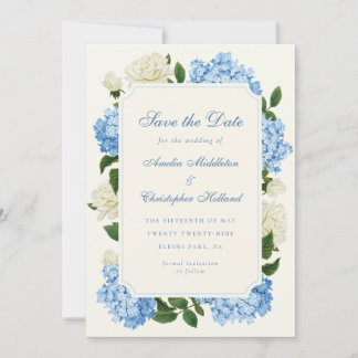 Blaue Hortensienblumen und weißer Rosengarten Hoch Save The Date